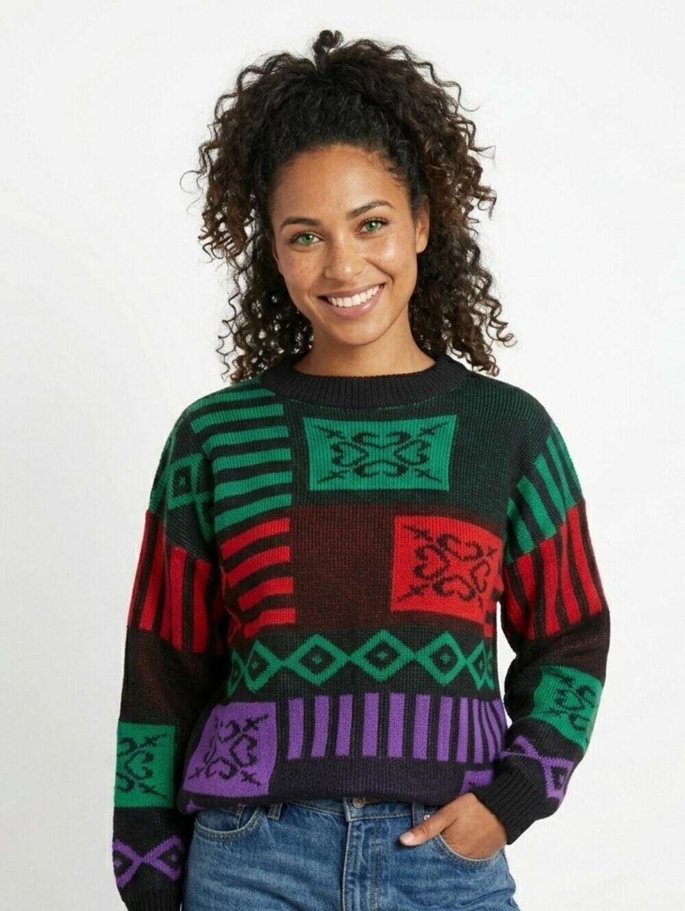 Distinctive Sportswear Vintage 80s Colorblock Geometric Knit Sweater